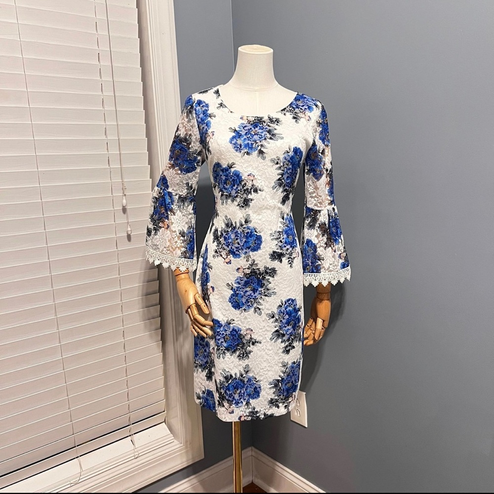 Bell Sleeve Blue Floral Sheath Dress